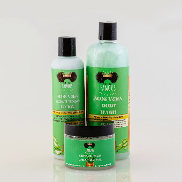 30 oz. Aloe Vera Collection. 16 oz. aloe body wash. 8 oz. aloe Vera moisturizing lotion. 6 oz. Aloe Vera face Gel