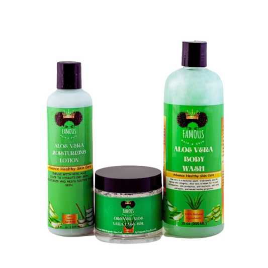 30 oz. Aloe Vera Collection. 16 oz. aloe body wash. 8 oz. aloe Vera moisturizing lotion. 6 oz. Aloe Vera face Gel