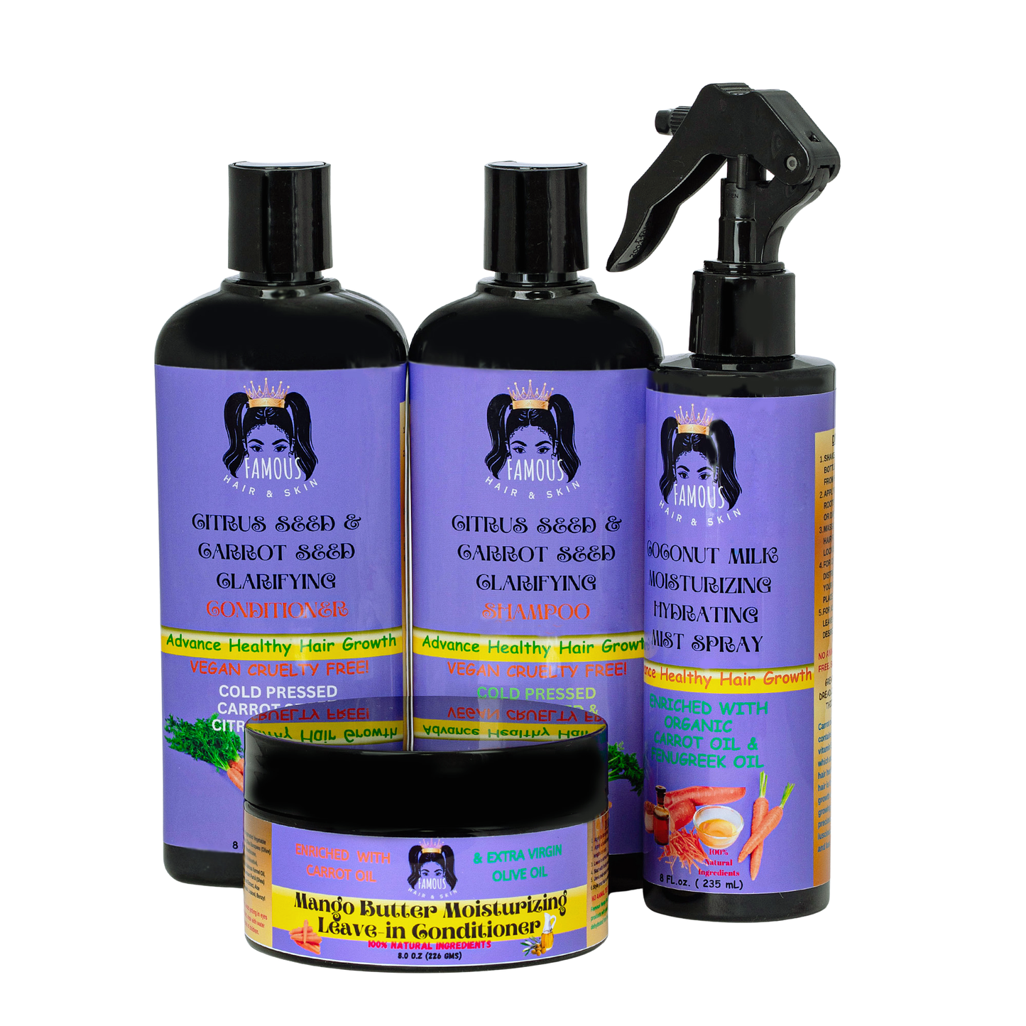 32 oz. Citrus Seed, Carrot Shampoo and Conditioner set wiith Mango Butter Leave-in Moisturizing Conditioner, and Moisturizing Mist Hair Spray Kit