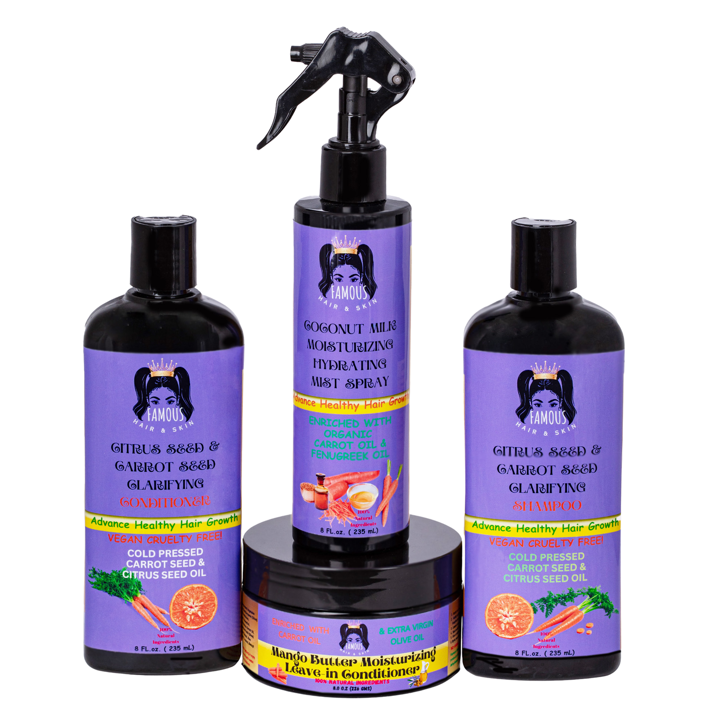 32 oz. Citrus Seed, Carrot Shampoo and Conditioner set wiith Mango Butter Leave-in Moisturizing Conditioner, and Moisturizing Mist Hair Spray Kit