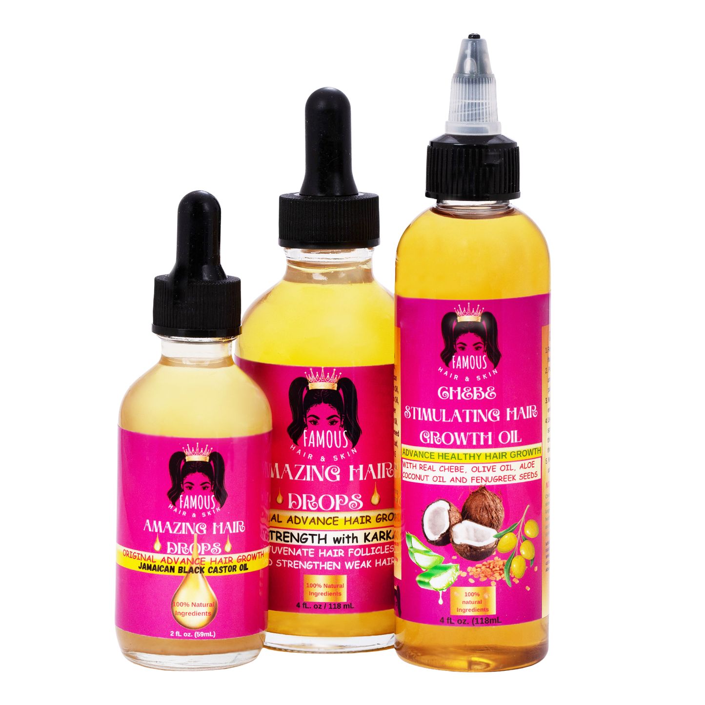 10 oz. Amazing Oil Drops Hair Growth kit/ African stimulating chebe treatment oil/Jamaican Black Castor Oil drops/Extra strength karkar oil drops.