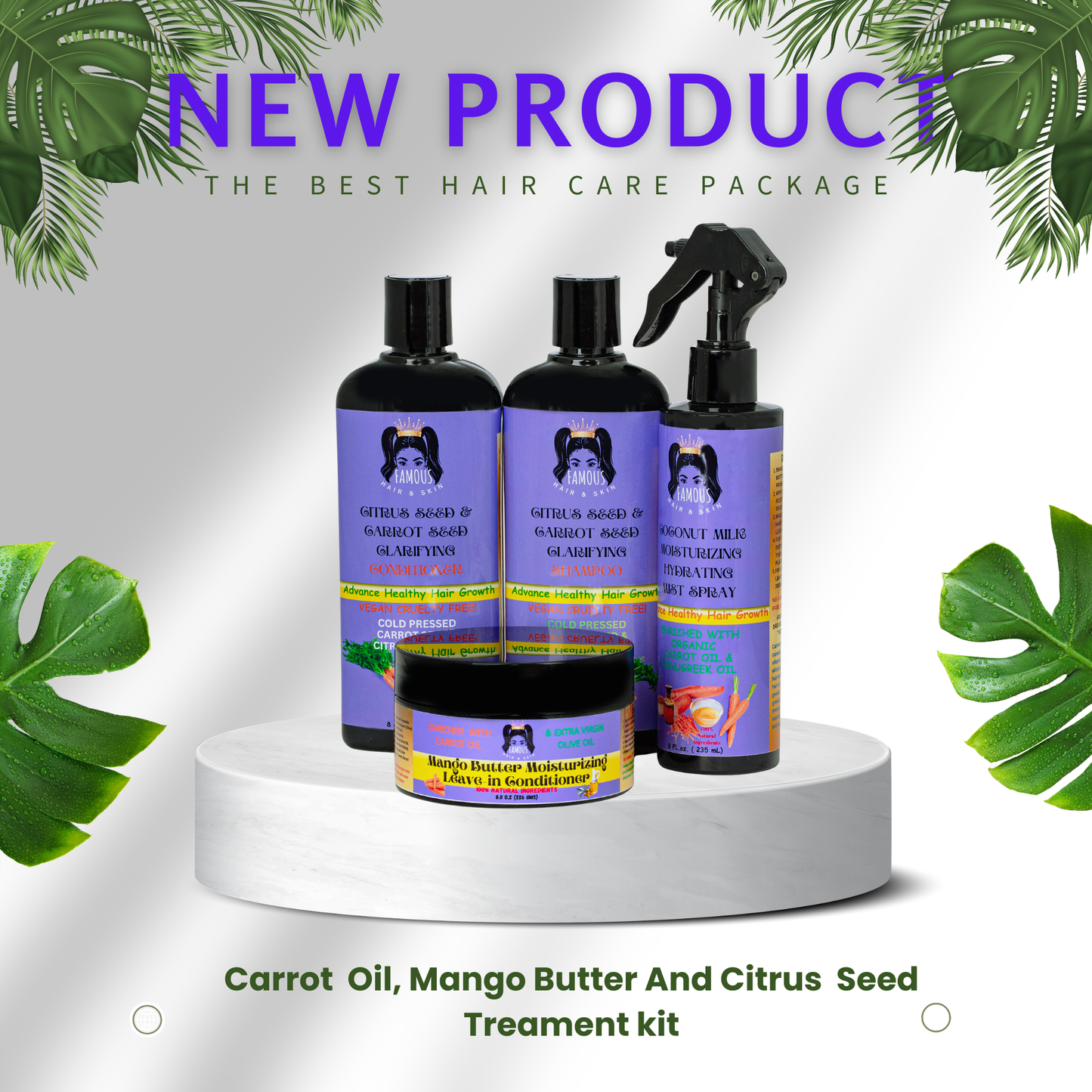 32 oz. Citrus Seed, Carrot Shampoo and Conditioner set wiith Mango Butter Leave-in Moisturizing Conditioner, and Moisturizing Mist Hair Spray Kit
